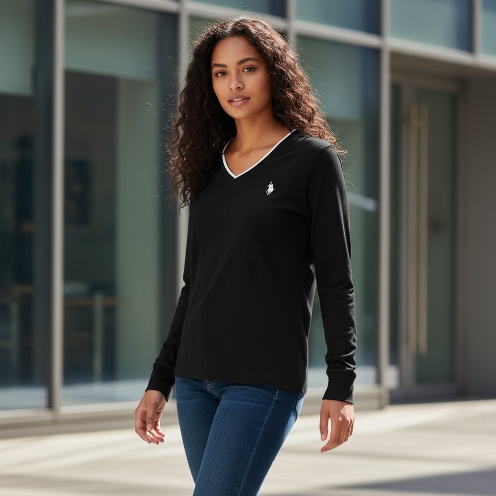 US Polo Assn Womens Black V Neck Long‎ Sleeve Classic Fit T Shirt Size XL